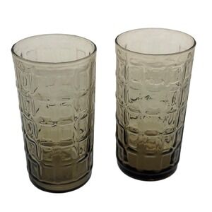 Vintage Anchor Hocking Smoke Glasses Tartan Cube Waffle Block MCM Set of 2 5"